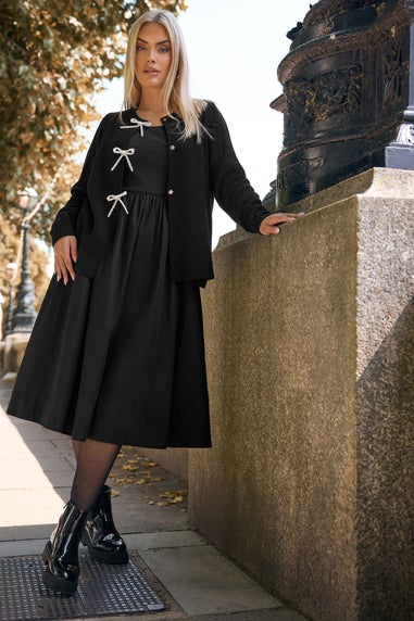 Yours Curve Black Pearl Bow Front Cardigan