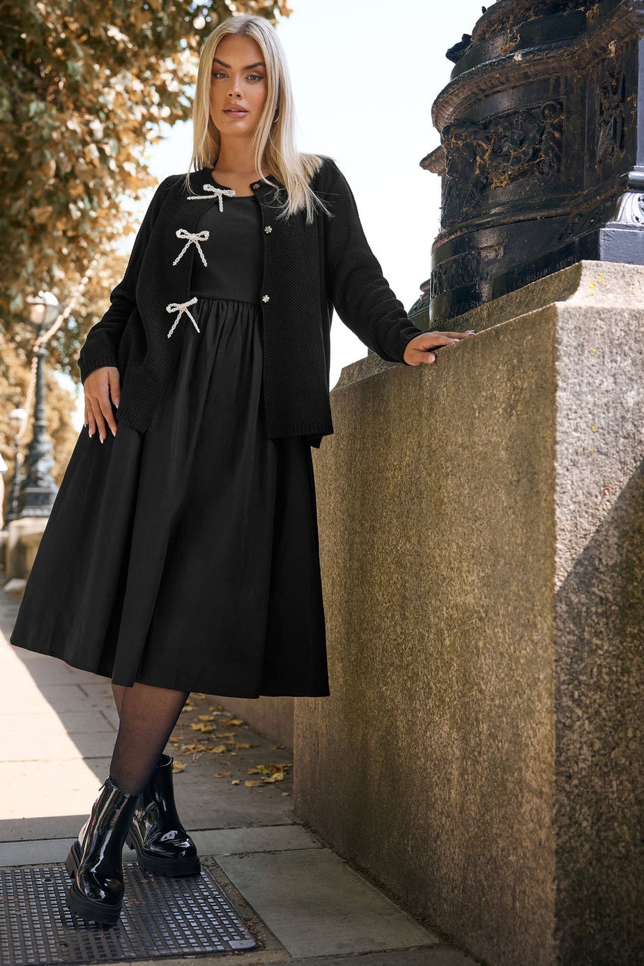 Yours Curve Black Pearl Bow Front Cardigan