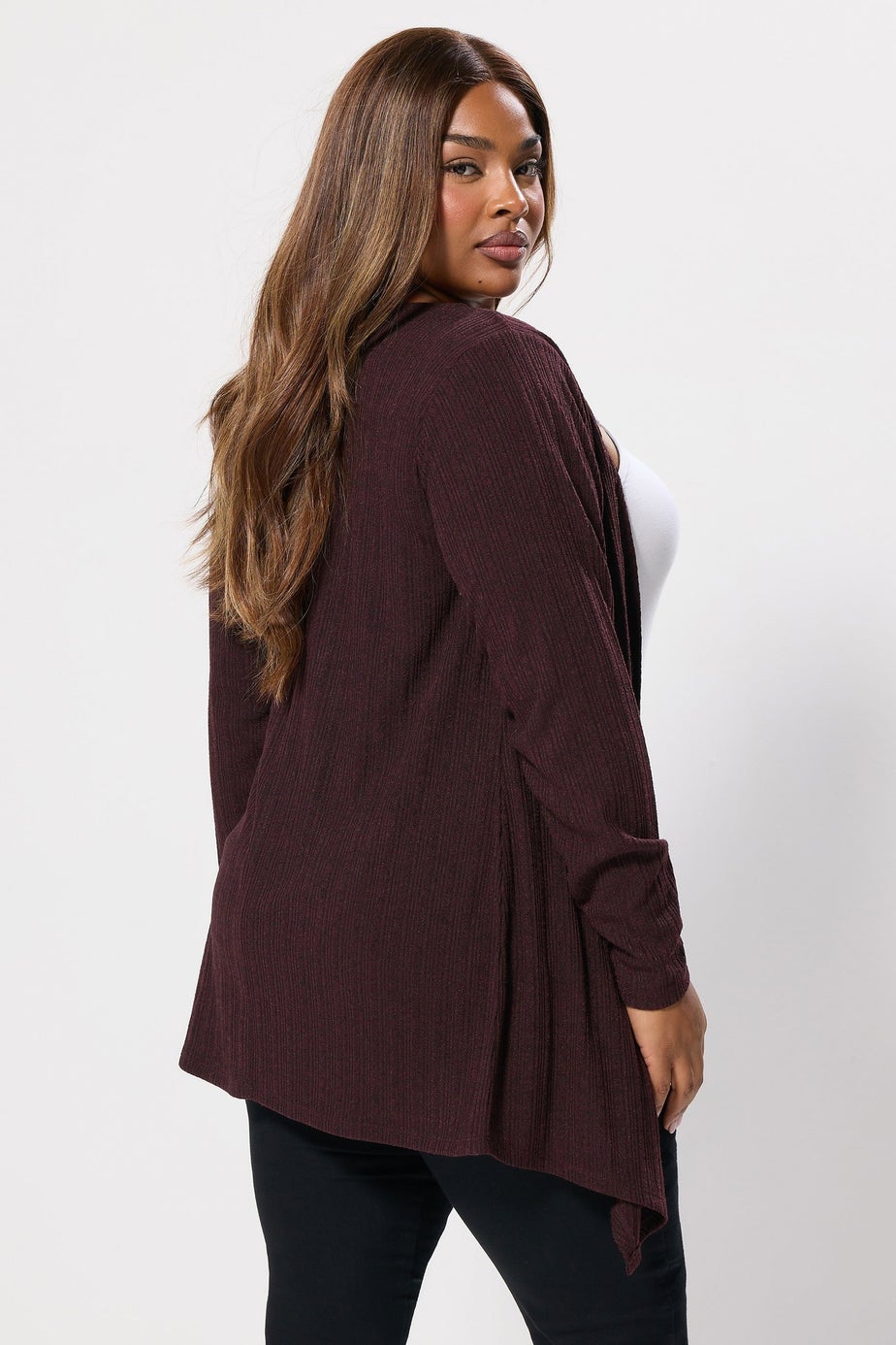 Yours Dark Purple Ribbed Waterfall Cardigan