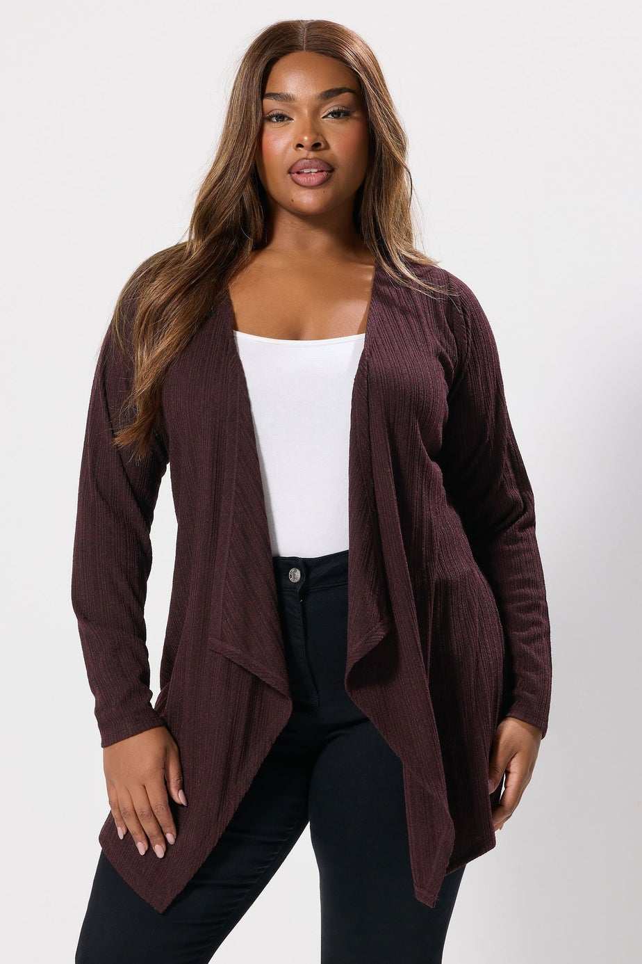 Yours Dark Purple Ribbed Waterfall Cardigan