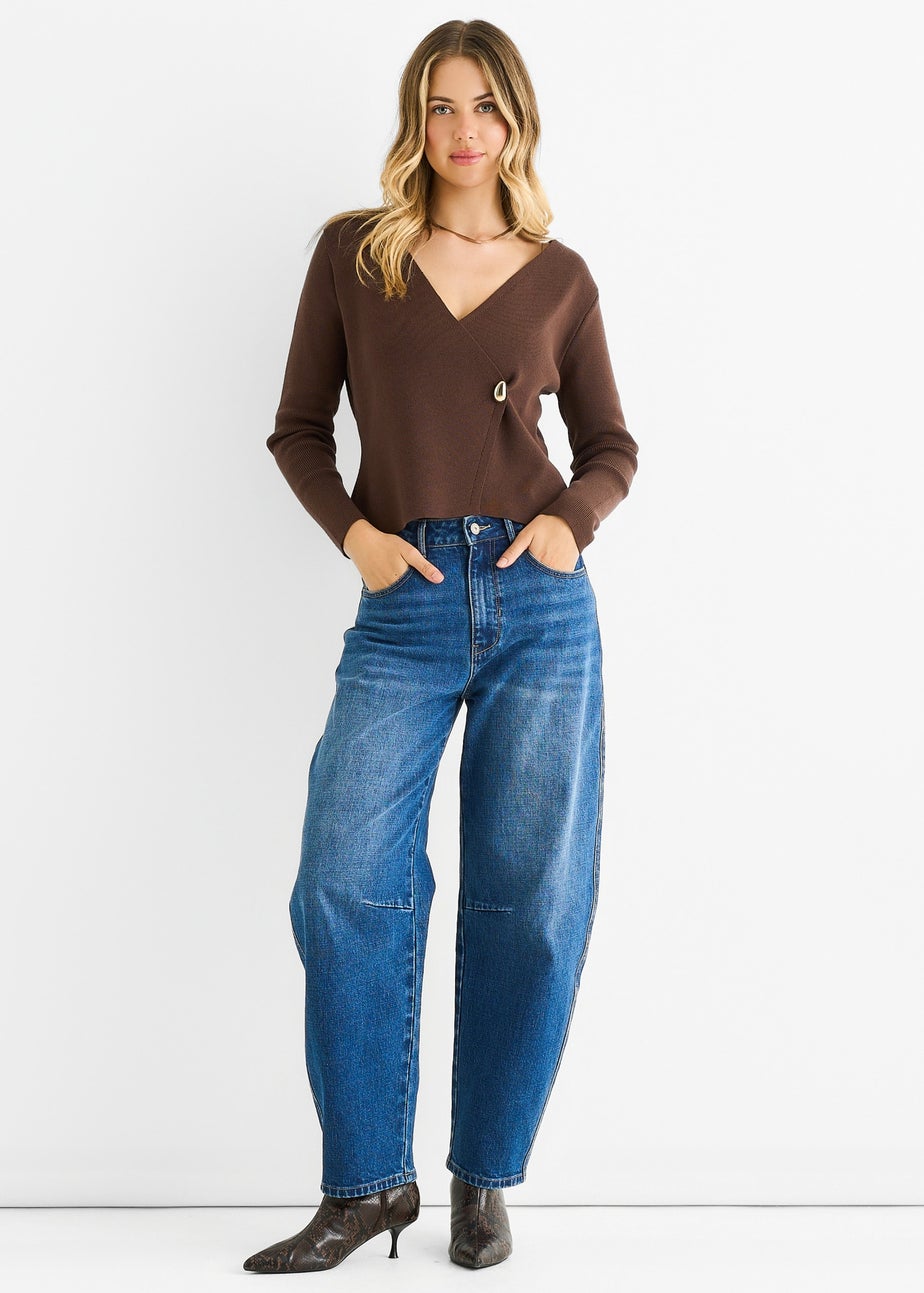 Gini London Chocolate Button Wrap Compact Knit Cardigan