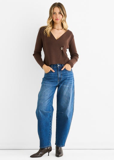 Gini London Chocolate Button Wrap Compact Knit Cardigan