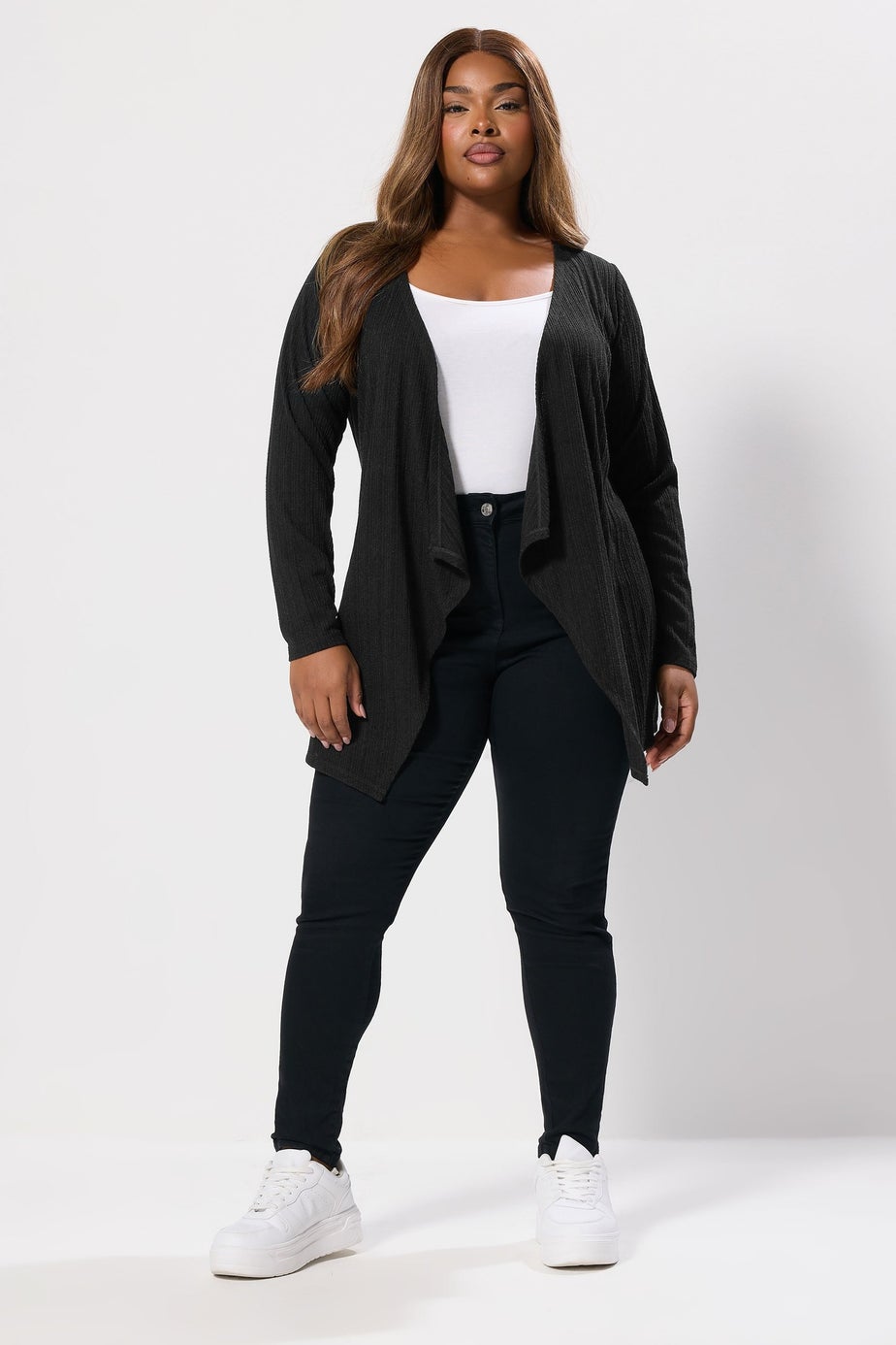 Yours Curve Black Ribbed Waterfall Cardigan