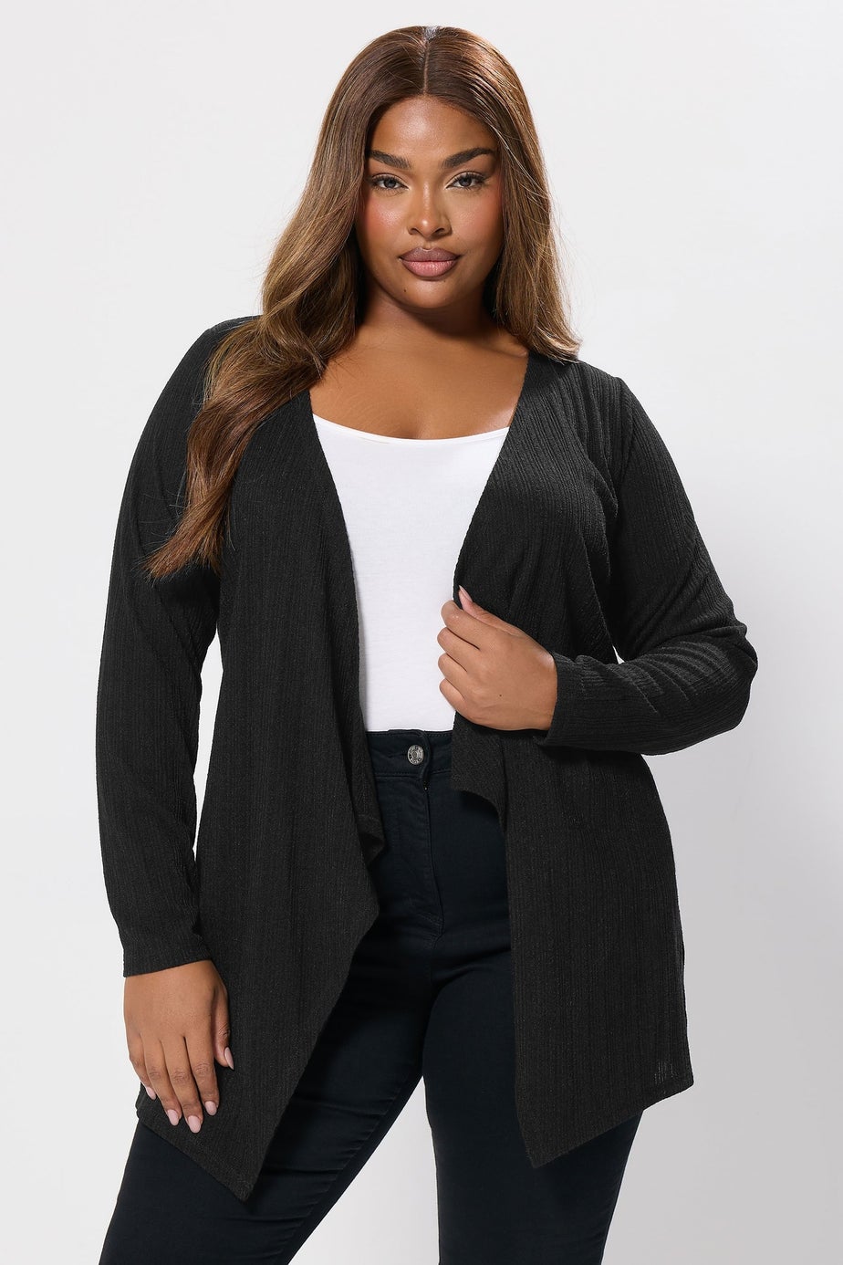 Yours Curve Black Ribbed Waterfall Cardigan