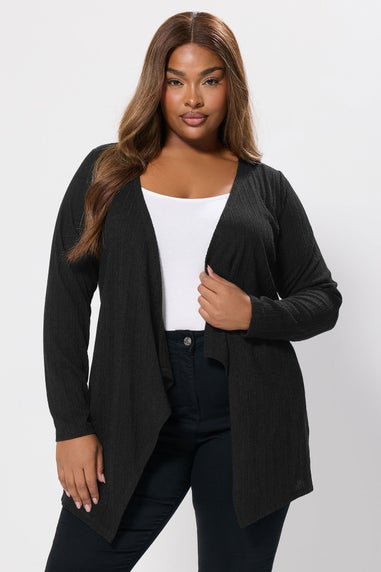 Yours Curve Black Ribbed Waterfall Cardigan