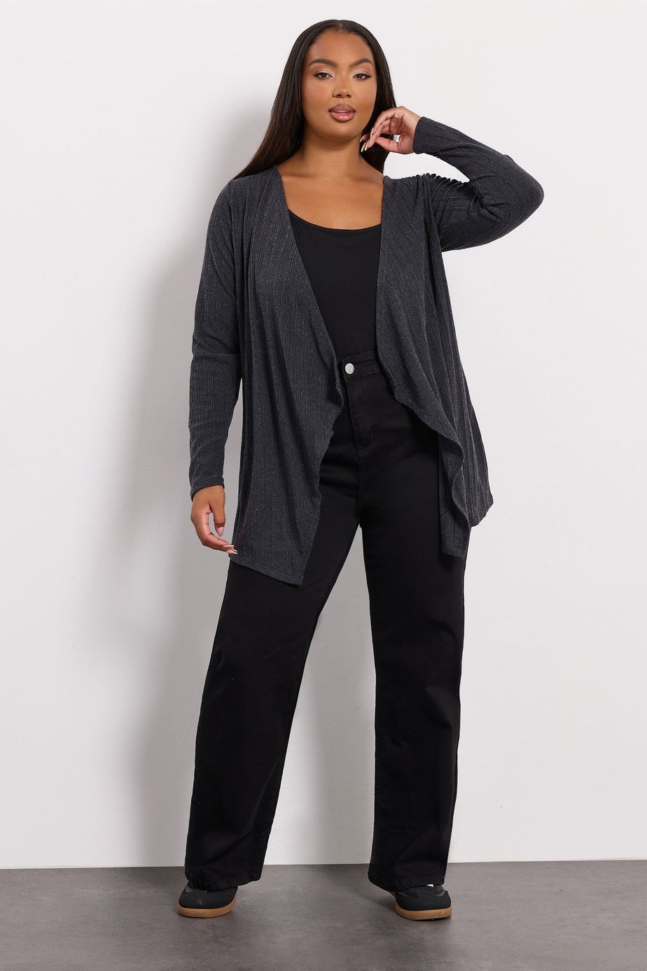 Yours Curve Charcoal Grey Ribbed Waterfall Cardigan