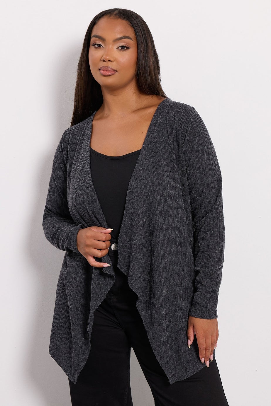 Yours Curve Charcoal Grey Ribbed Waterfall Cardigan
