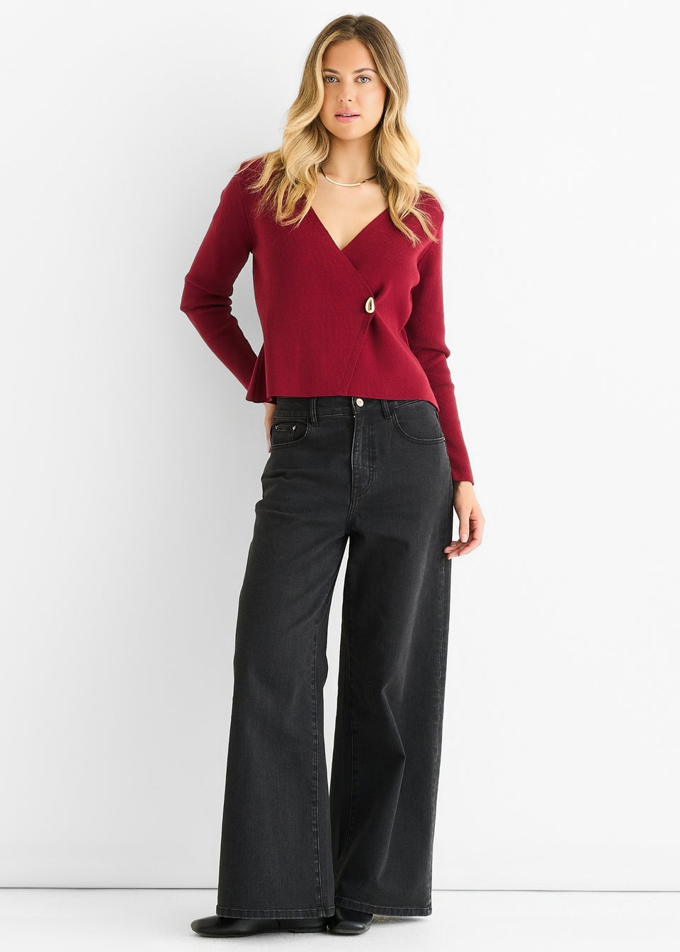 Gini London Burgundy Button Wrap Compact Knit Cardigan