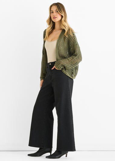 Gini London Khaki Open Knit Edge to Edge Cardigan