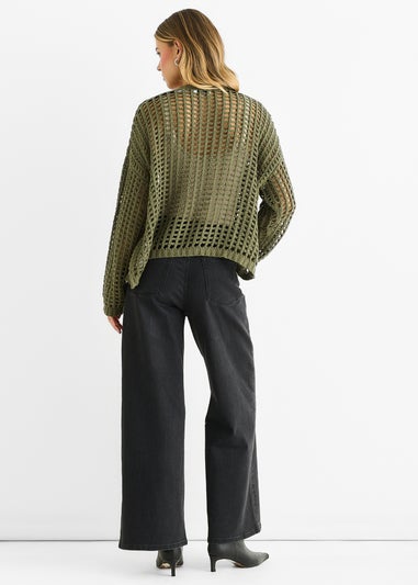 Gini London Khaki Open Knit Edge to Edge Cardigan