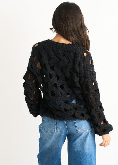 Gini London Black Hollow Chunky Knit Cardigan