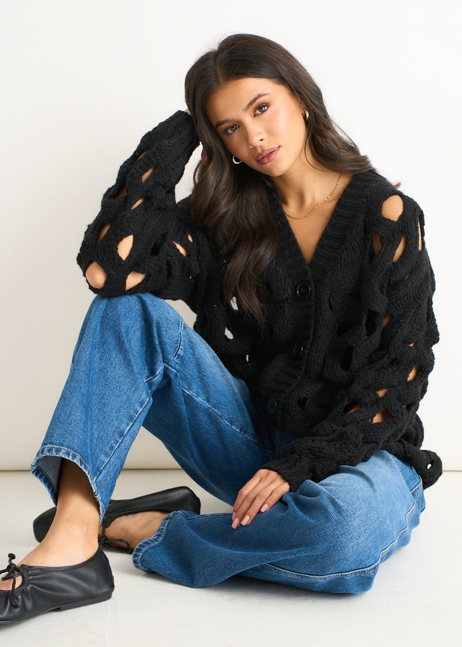 Gini London Black Hollow Chunky Knit Cardigan