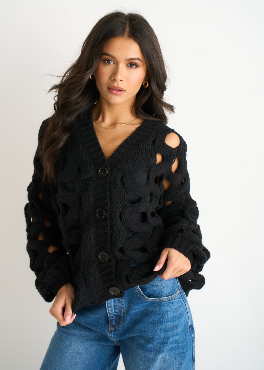 Gini London Black Hollow Chunky Knit Cardigan