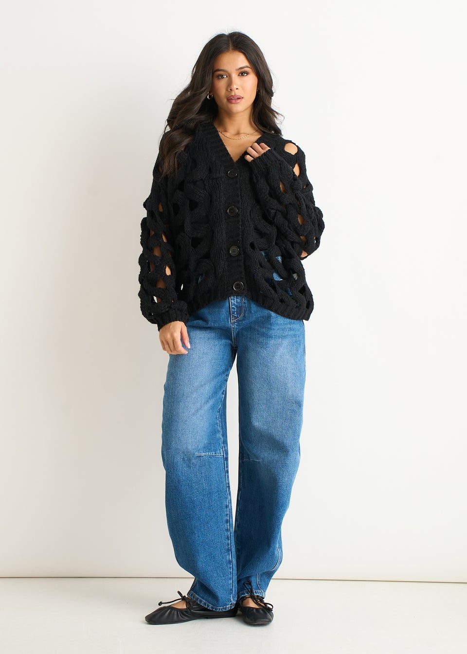 Gini London Black Hollow Chunky Knit Cardigan