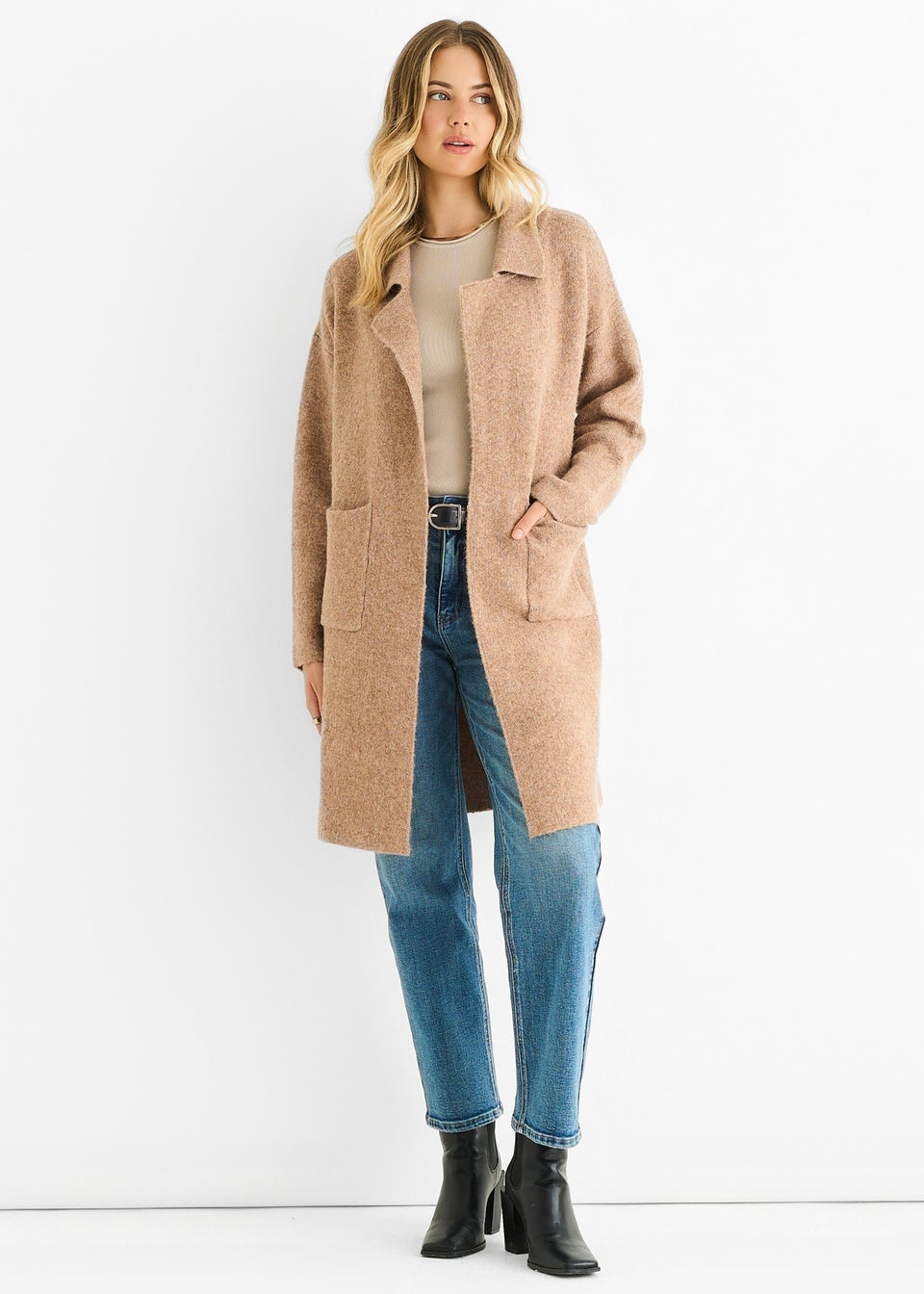 Gini London Brown Wool Mix Longline Edge to Edge Cardigan