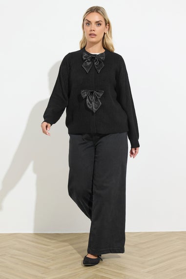 Yours Black Satin Bow Front Cardigan