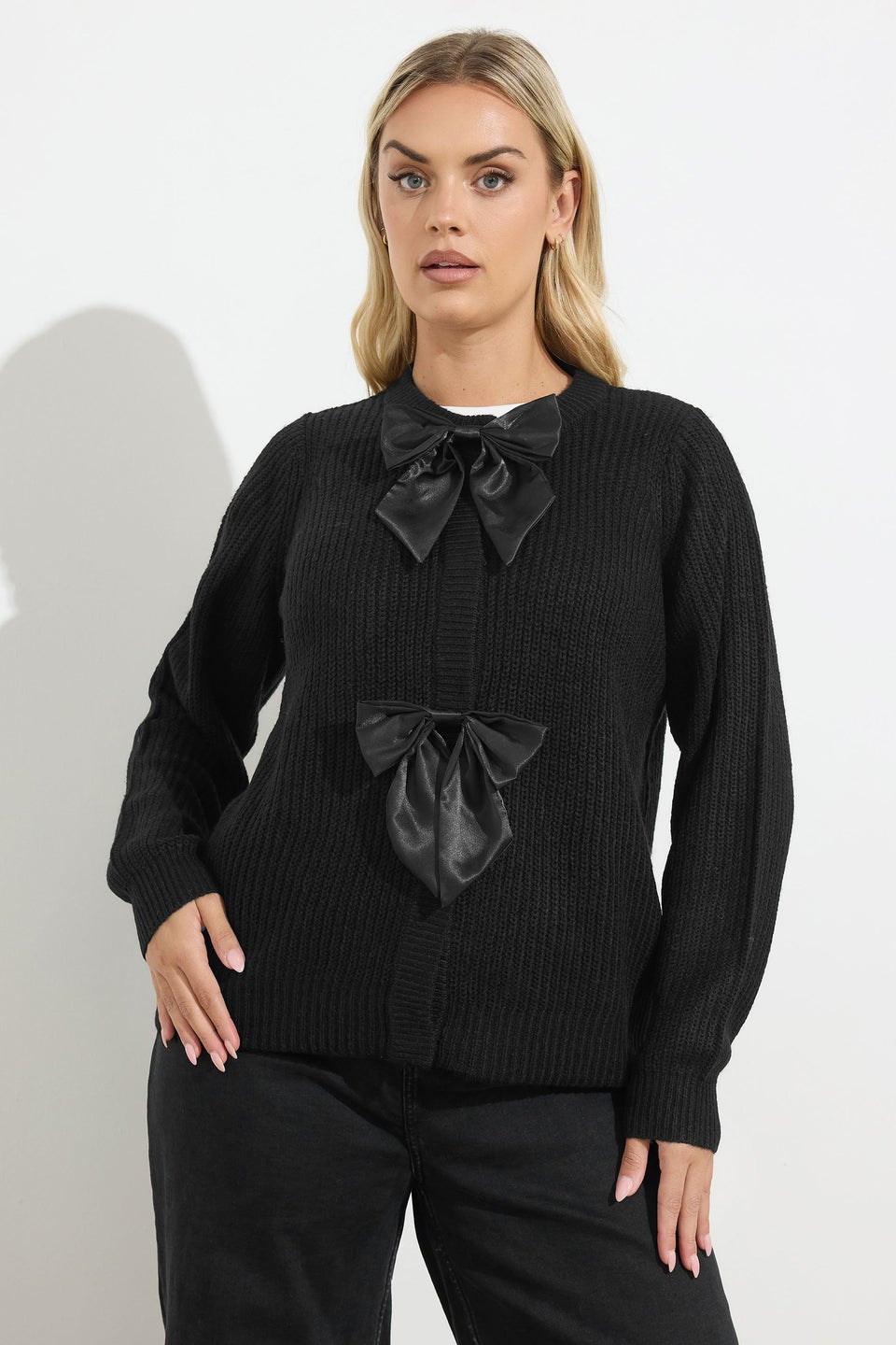 Yours Black Satin Bow Front Cardigan