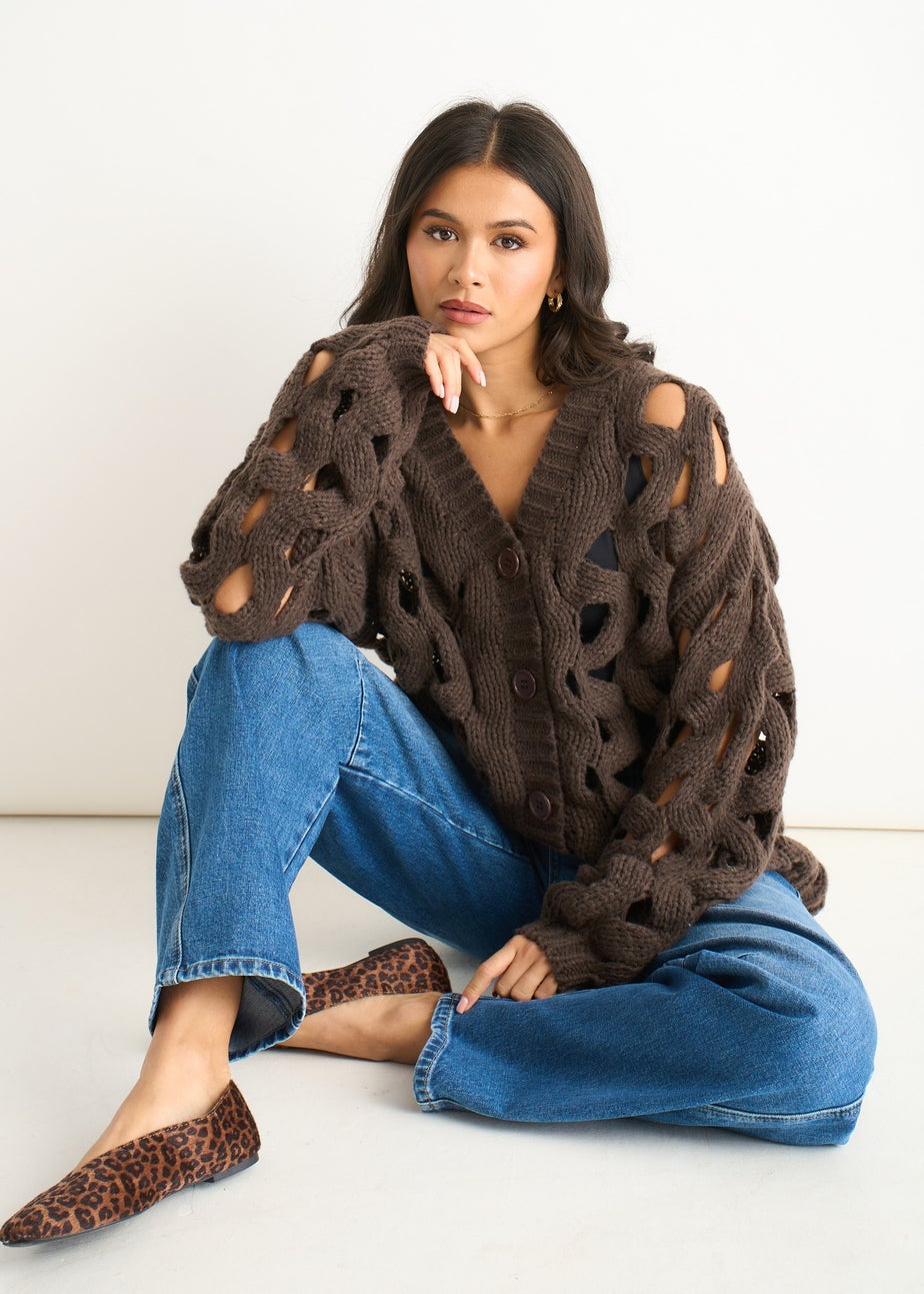 Gini London Chocolate Hollow Chunky Knit Cardigan