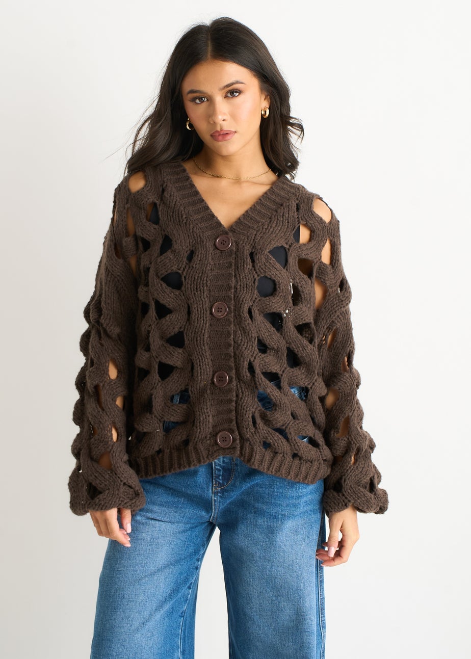 Gini London Chocolate Hollow Chunky Knit Cardigan