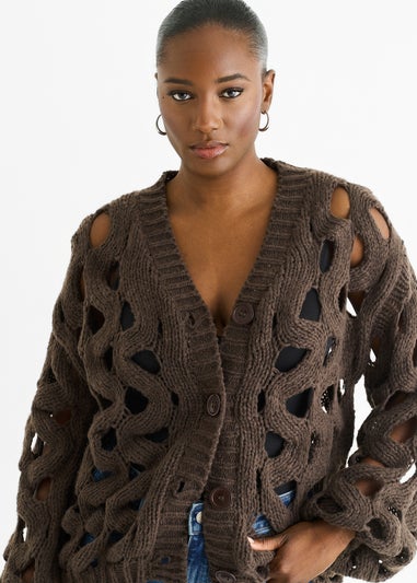 Gini London Chocolate Hollow Chunky Knit Cardigan