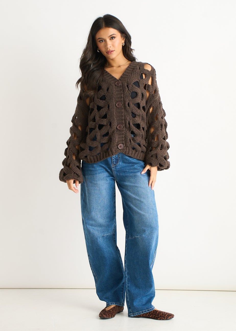 Gini London Chocolate Hollow Chunky Knit Cardigan