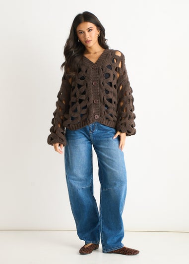 Gini London Chocolate Hollow Chunky Knit Cardigan