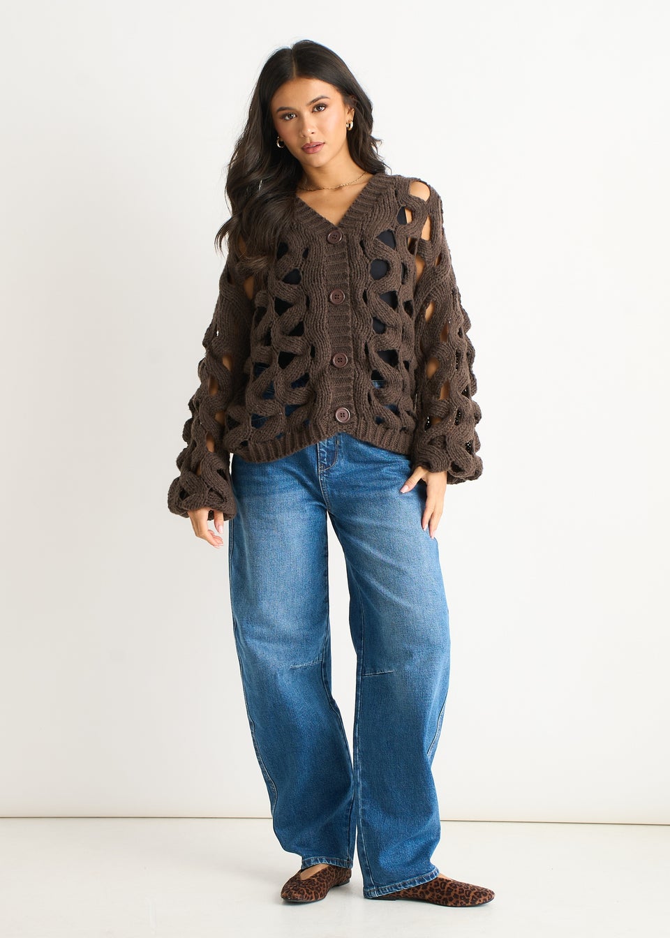 Gini London Chocolate Hollow Chunky Knit Cardigan