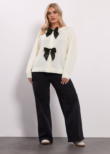 Yours Ivory White Satin Bow Front Cardigan