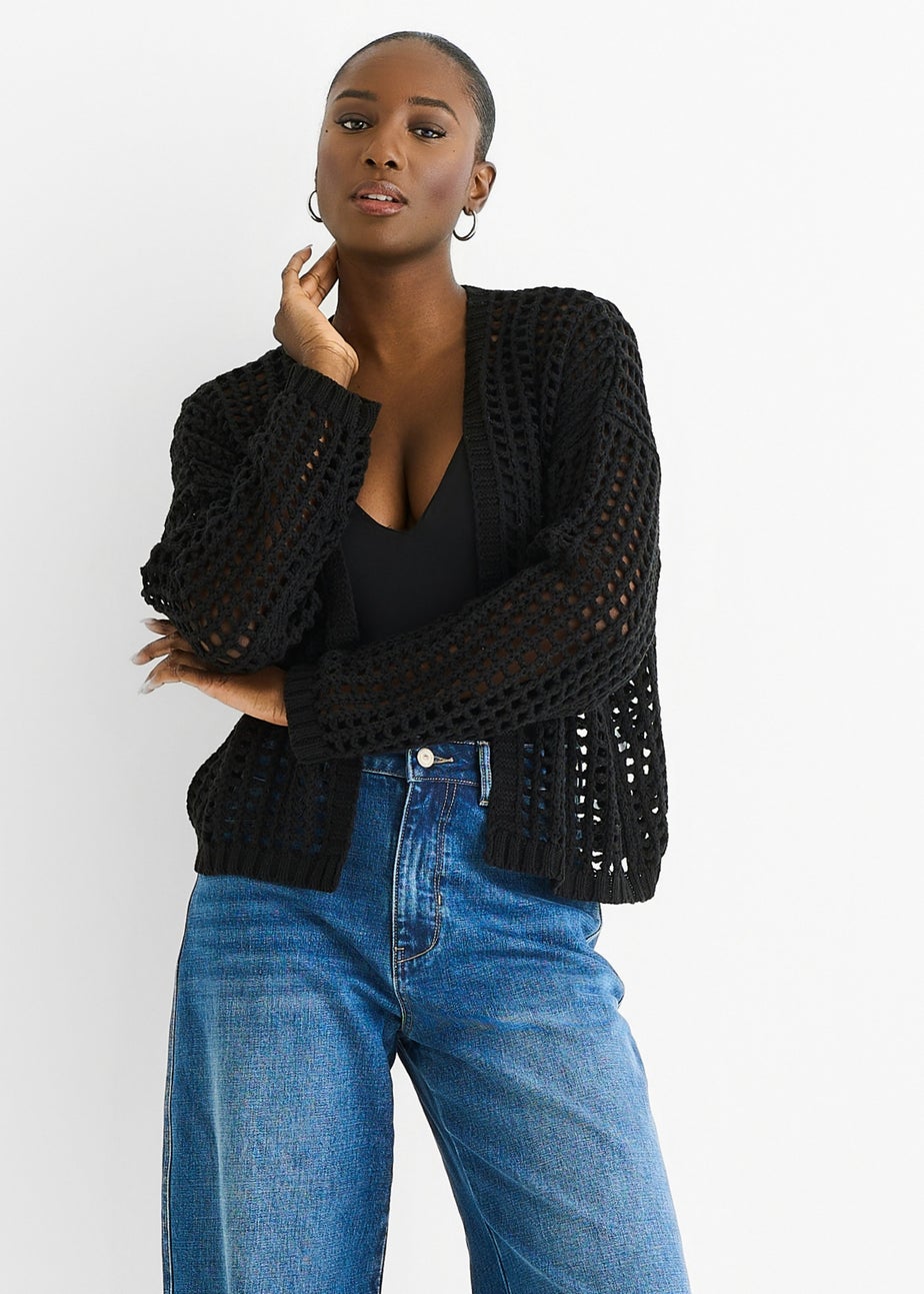Gini London Black Open Knit Edge to Edge Cardigan