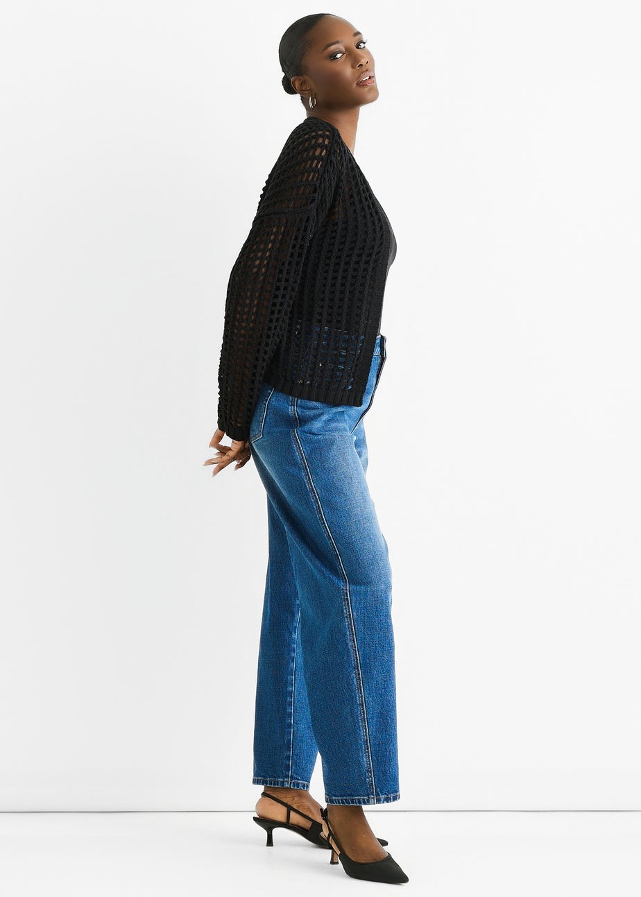 Gini London Black Open Knit Edge to Edge Cardigan