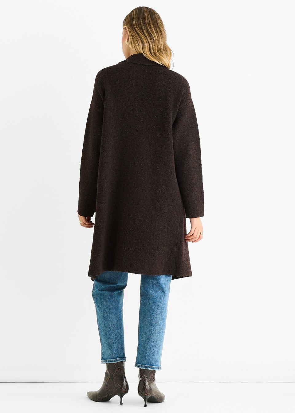 Gini London Chocolate Wool Mix Longline Edge to Edge Cardigan