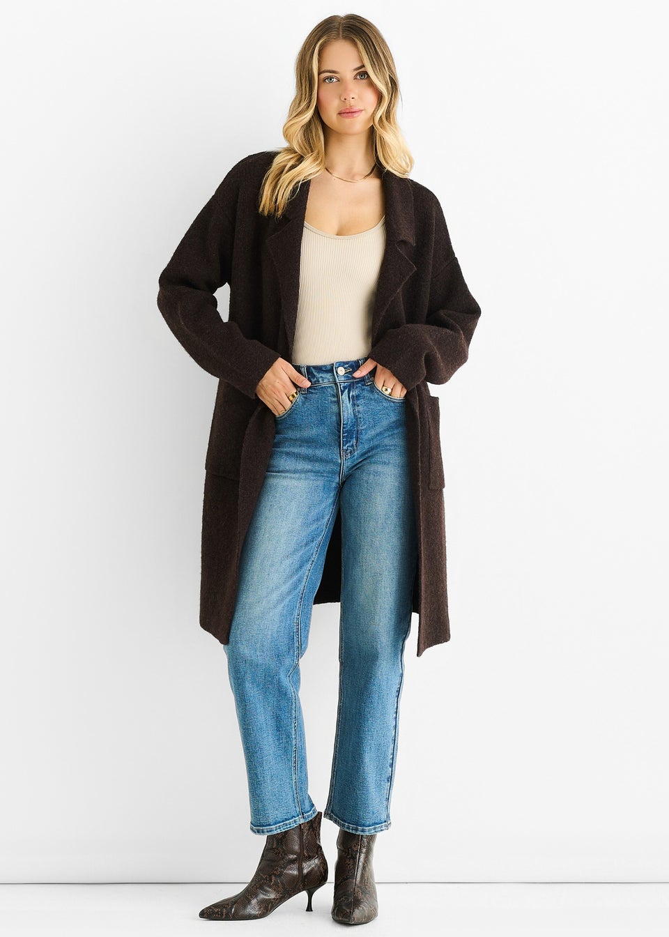 Gini London Chocolate Wool Mix Longline Edge to Edge Cardigan