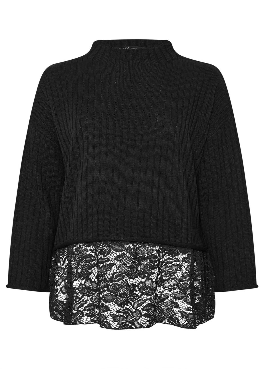 Yours Black Ribbed Lace Detail Jumper