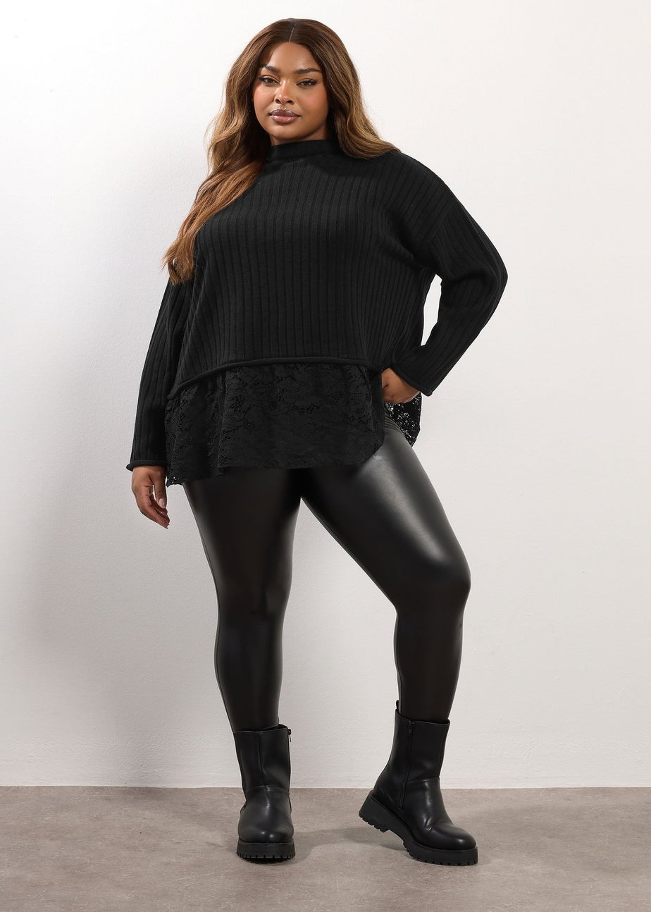 Yours Black Ribbed Lace Detail Jumper