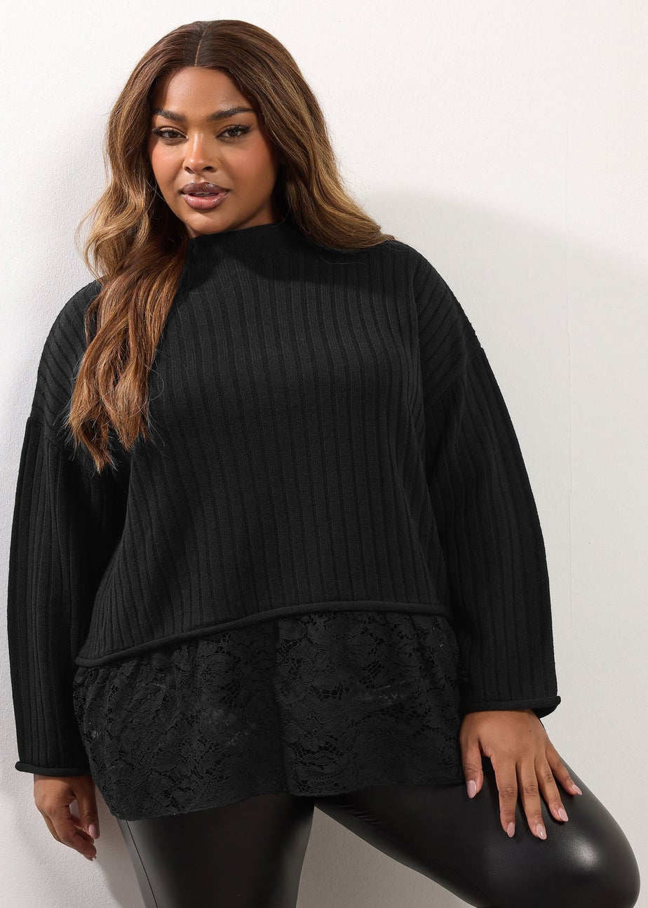 Yours Black Ribbed Lace Detail Jumper