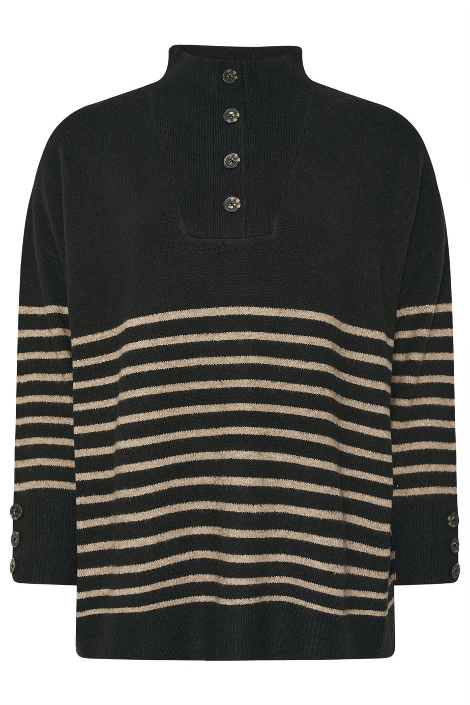 Yours Black & Beige Brown Striped Button Neck Jumper
