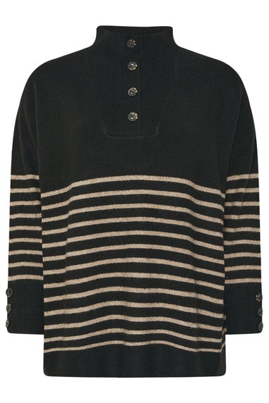 Yours Black & Beige Brown Striped Button Neck Jumper