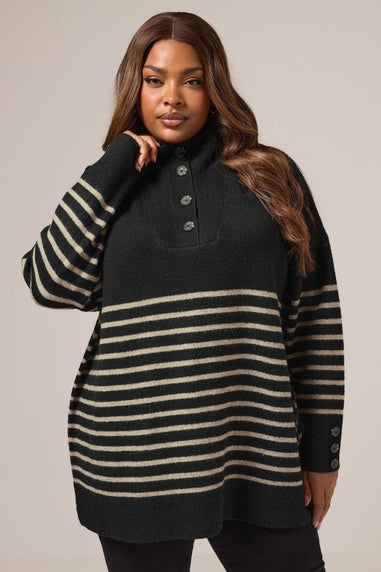 Yours Black & Beige Brown Striped Button Neck Jumper