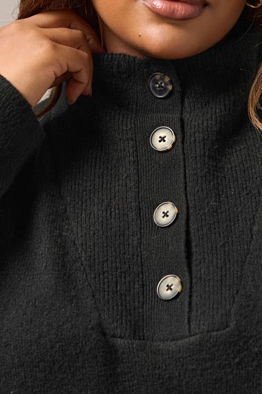 Yours Black & Beige Brown Striped Button Neck Jumper