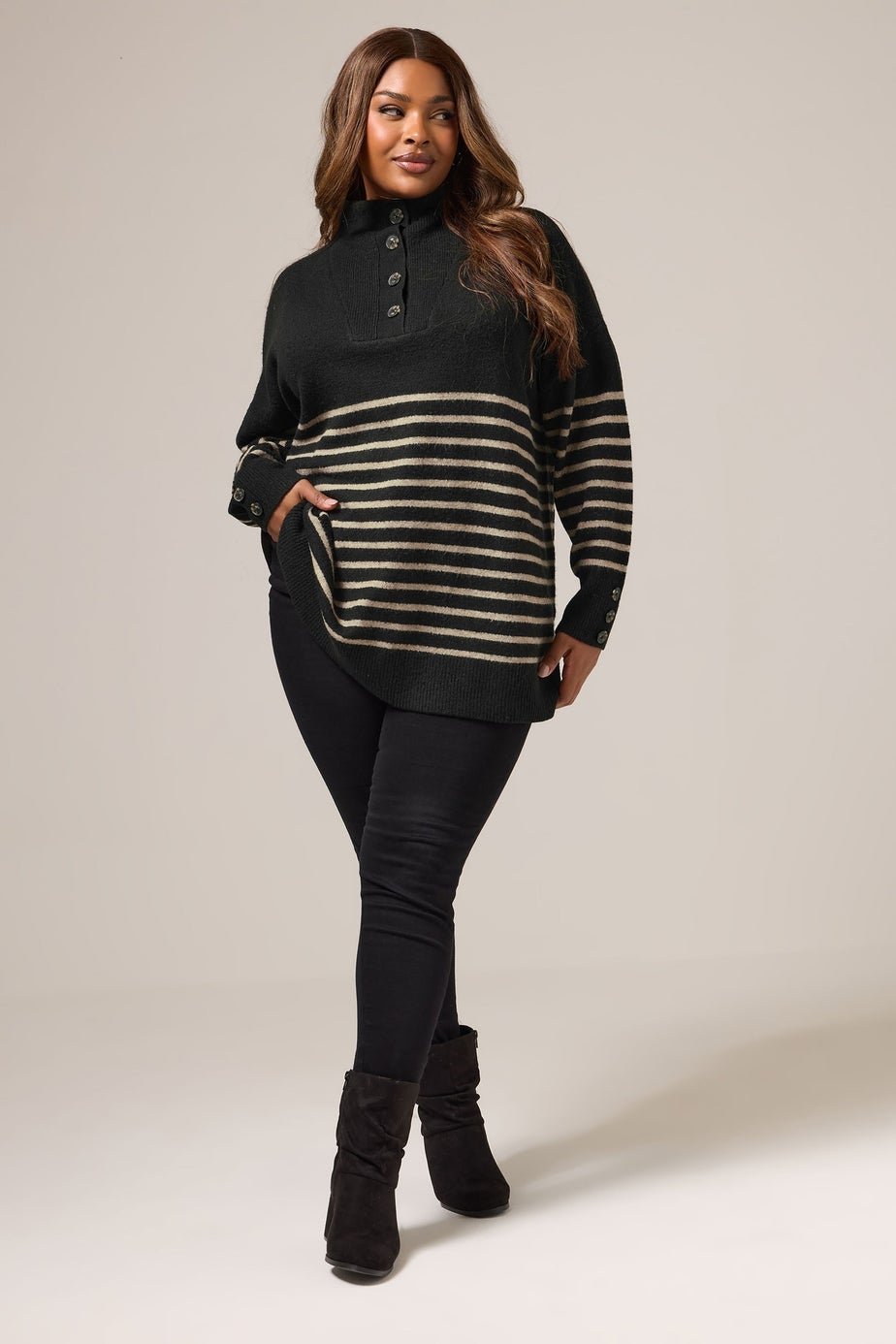 Yours Black & Beige Brown Striped Button Neck Jumper