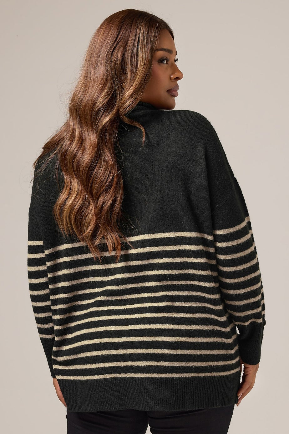 Yours Black & Beige Brown Striped Button Neck Jumper