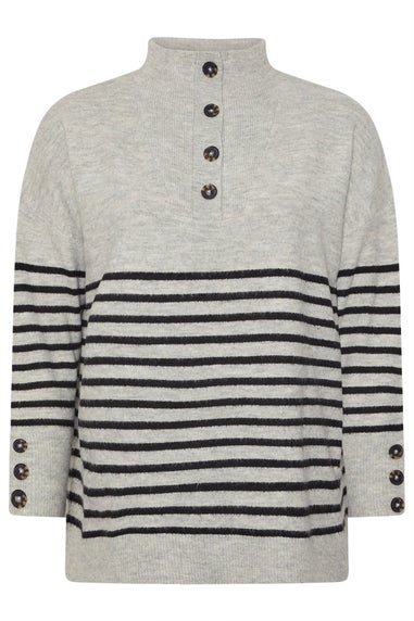 Yours Grey & Black Striped Button Neck Jumper