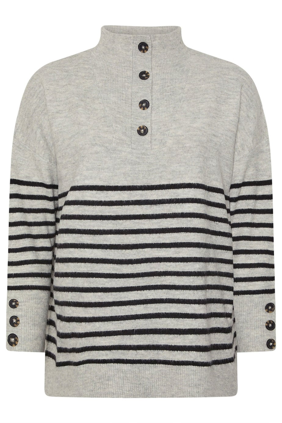 Yours Grey & Black Striped Button Neck Jumper