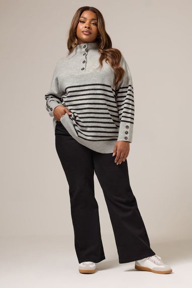 Yours Grey & Black Striped Button Neck Jumper