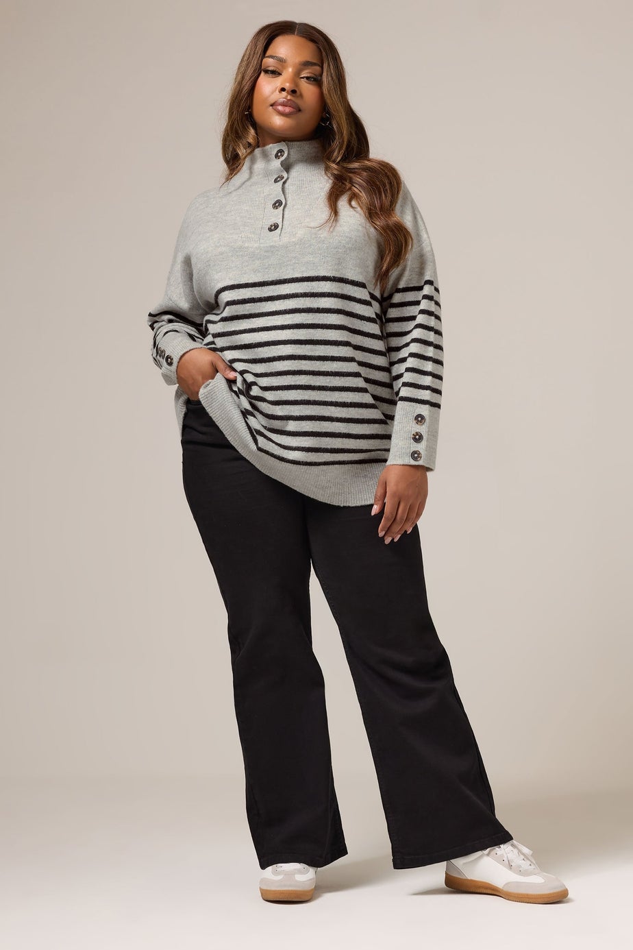 Yours Grey & Black Striped Button Neck Jumper
