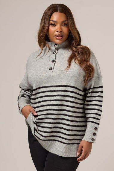 Yours Grey & Black Striped Button Neck Jumper