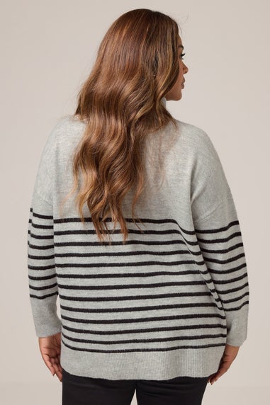 Yours Grey & Black Striped Button Neck Jumper