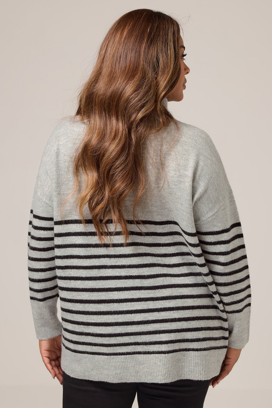 Yours Grey & Black Striped Button Neck Jumper