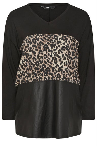 Yours Curve Black Faux Leather Leopard Block Jumper