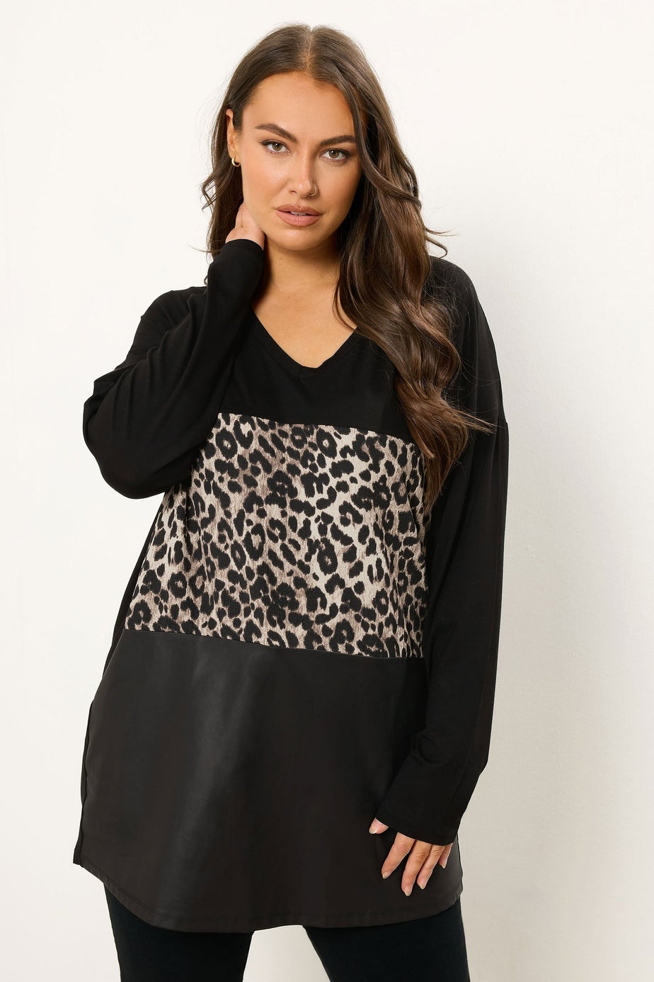 Yours Curve Black Faux Leather Leopard Block Jumper